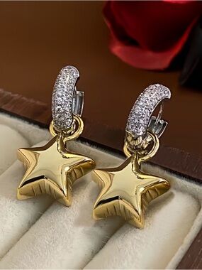 Star Drop Hoop Earrings Gold Plated Yellow and White with Pave CZ Accents